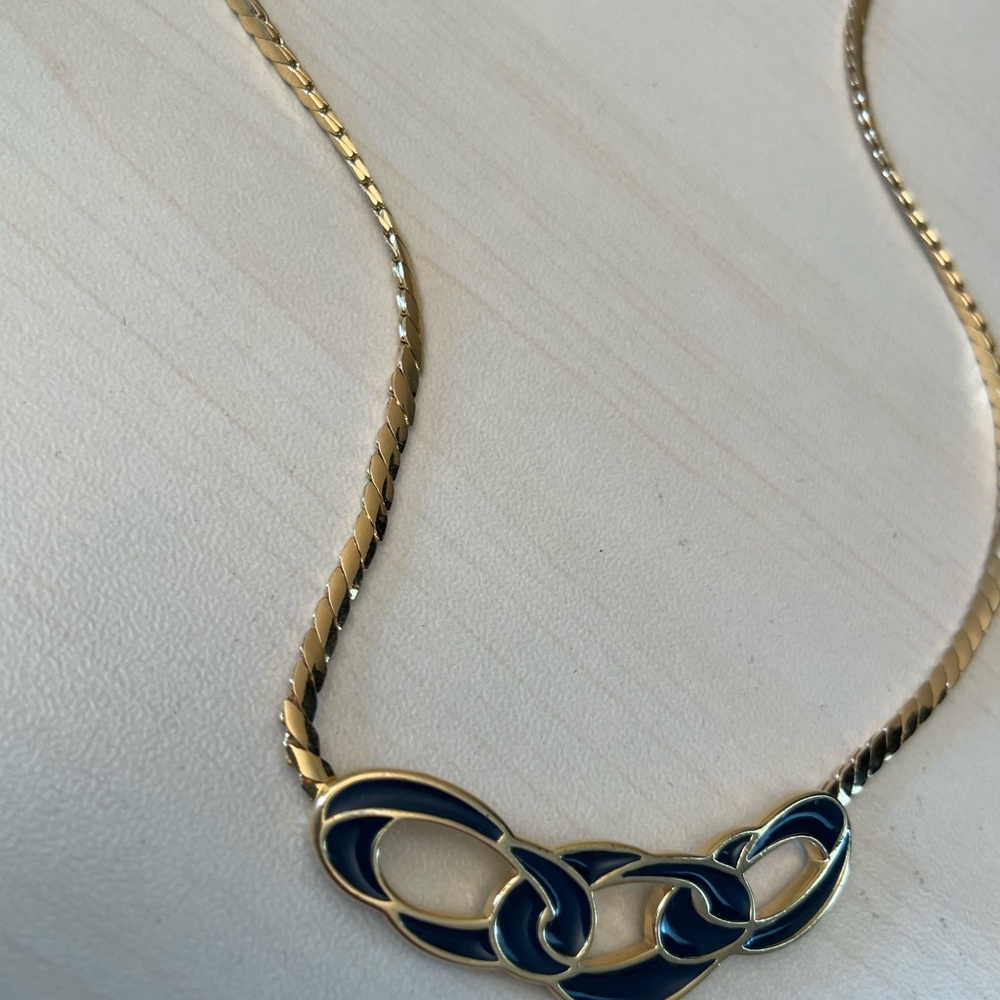 Monet Goldtone Choker Necklace With Woven Navy Circle Trio Pendant